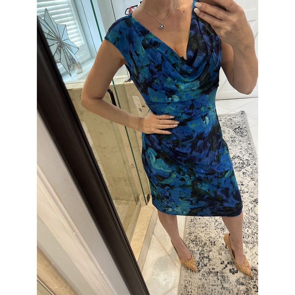 Ralph Lauren Blue Floral Knit Stretch Cowl Neck Sheath Dress Womens 14